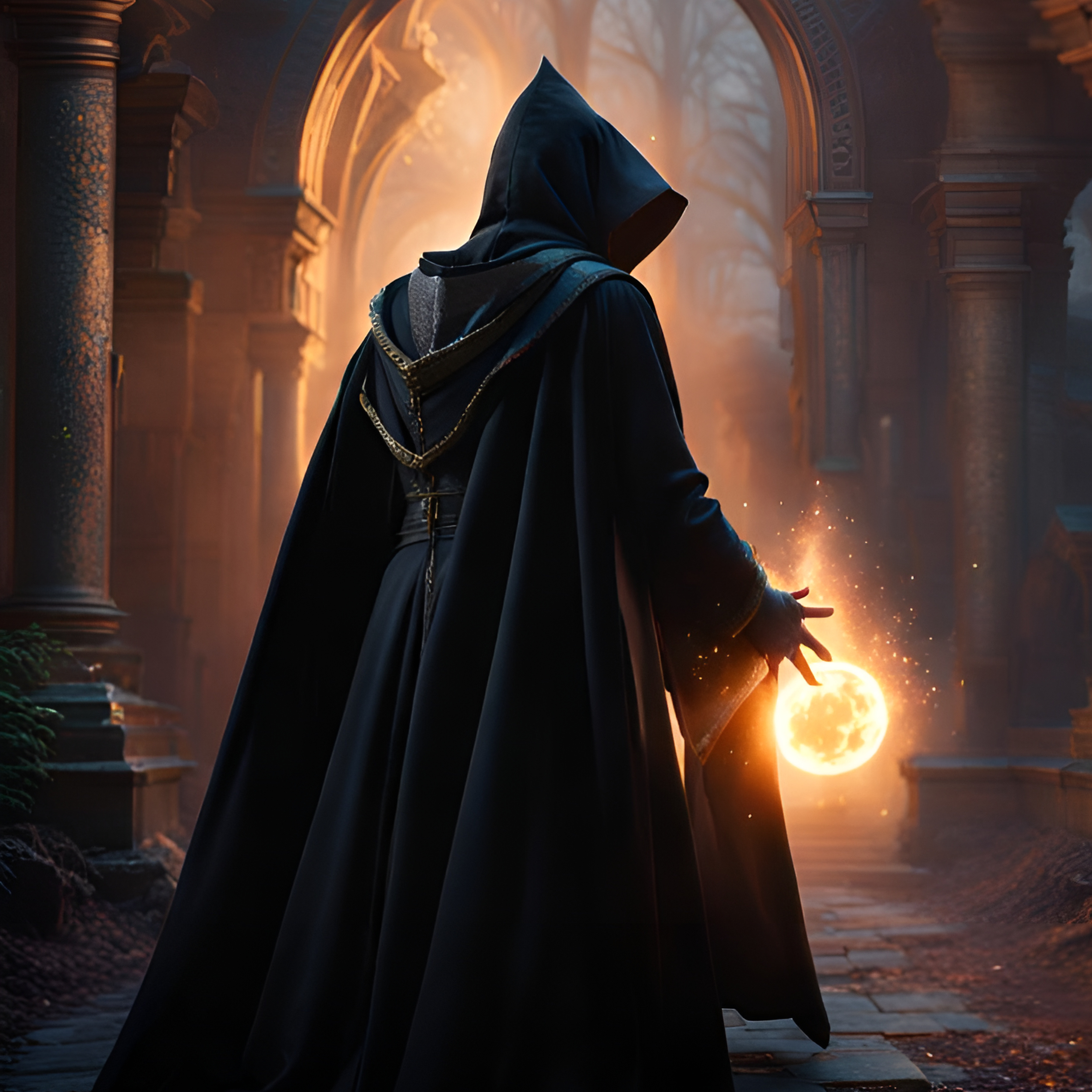 en medio de unas ruina un mago vestido de negro que invoca una bola de fuego, representa al protagonista de Árakron, la novela de fantasía juvenil escrita por el escritor español de fantasía Vicente Silvestre