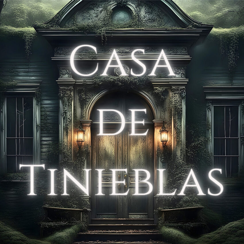 imagen de un pórtico antiguo y siniestro con un rótulo en letras de un blanco neblinoso donde se lee Casa de Tinieblas, nombre del podcast de audiolibros narrados por el escritor español de terror, fantasía y ciencia ficción Vicente Silvestre