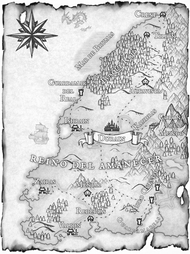 Mapa del 'Reino del Amanecer', donde transcurre la acción en 'Árakron' libro de Vicente Silvestre, escritor de fantasía épica, terror y ciencia ficción.