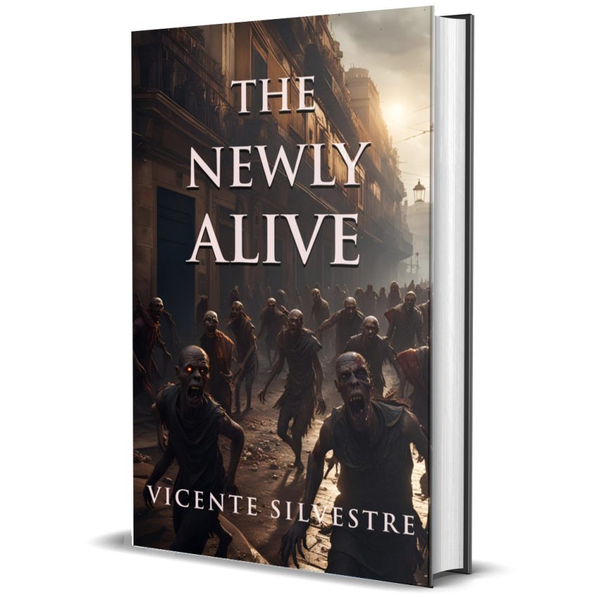 libro de terror y aventuras The Newly Alive donde en la portada se distingue a un montón de zombis rabiosos avanzando hacia el observador