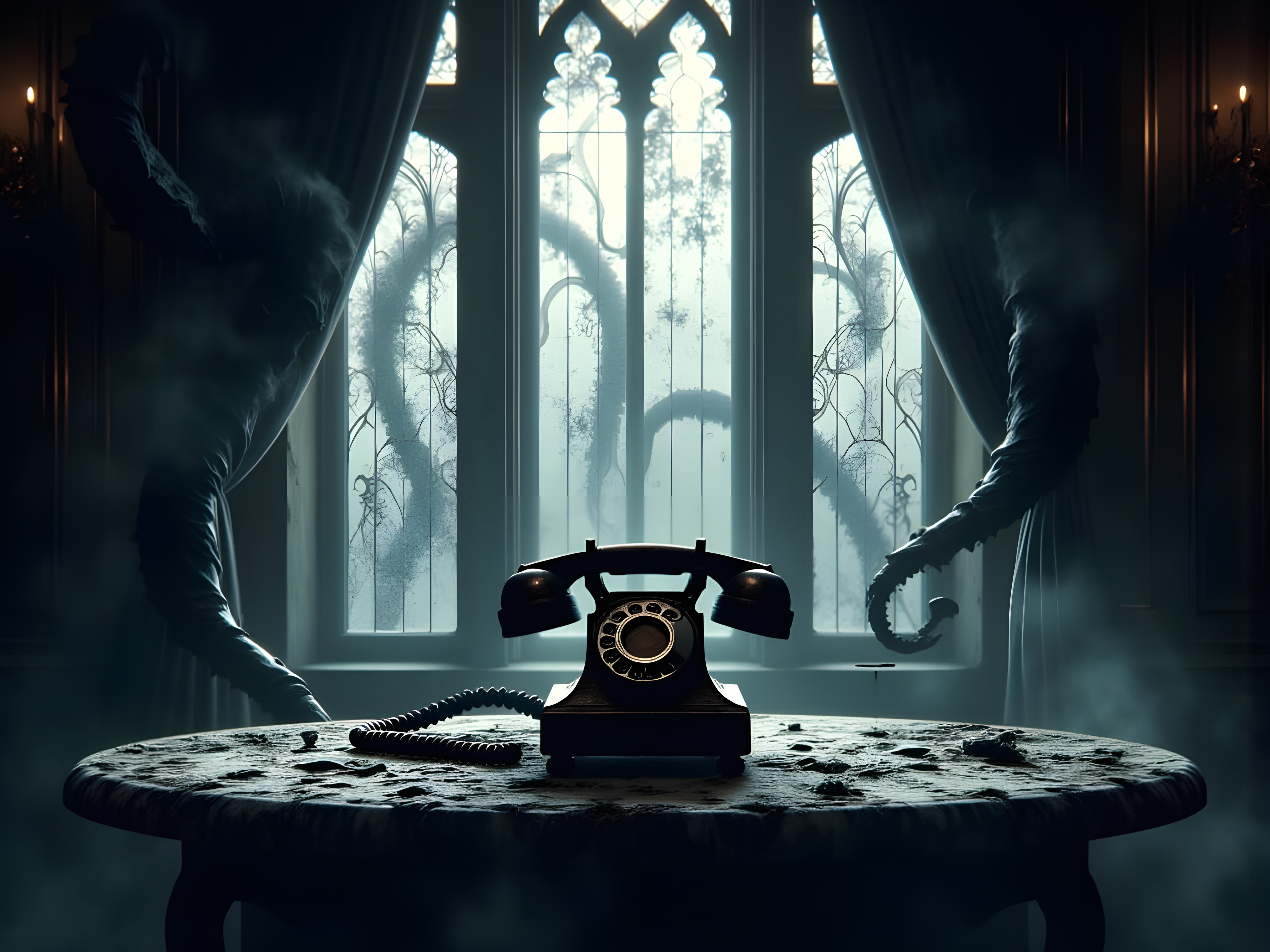 imagen de un teléfono de dial frente a un ventanal en el que se ven unos tentáculos sombríos, imagen que representa la página de contacto del escritor español de fantasía, terror y ciencia ficción, Vicente Silvestre