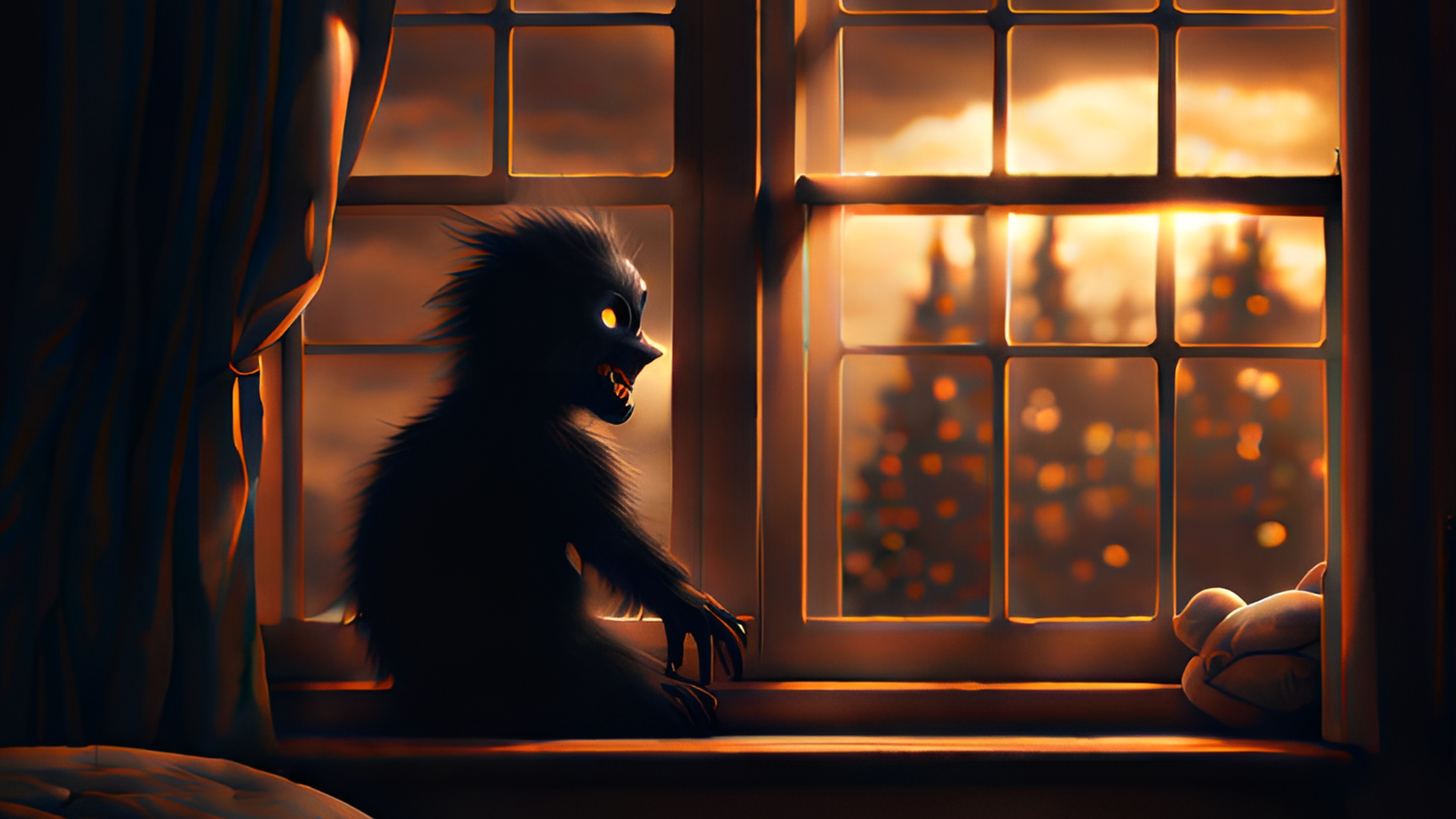 la imagen de una criatura humanoide, peluda, pequeña y siniestra que está frente a una ventana, representa el conjunto de microrrelatos del autor Vicente Silvestre, escritor español de terror, fantasía y ciencia ficción