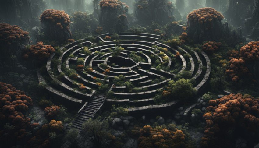 un laberinto de piedra rodeado de árboles y maleza, representa el relato de suspense y terror psicológico El laberinto de Ockham del escritor español Vicente Silvestre