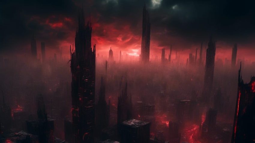imagen panorámica de una ciudad sombría con rascacielos derruidos y un sol rojo que baña la ciudad con una luz inquietante, representa el relato de terror y fantasía oscura La nueva vieja pirámide del escritor español Vicente Silvestre