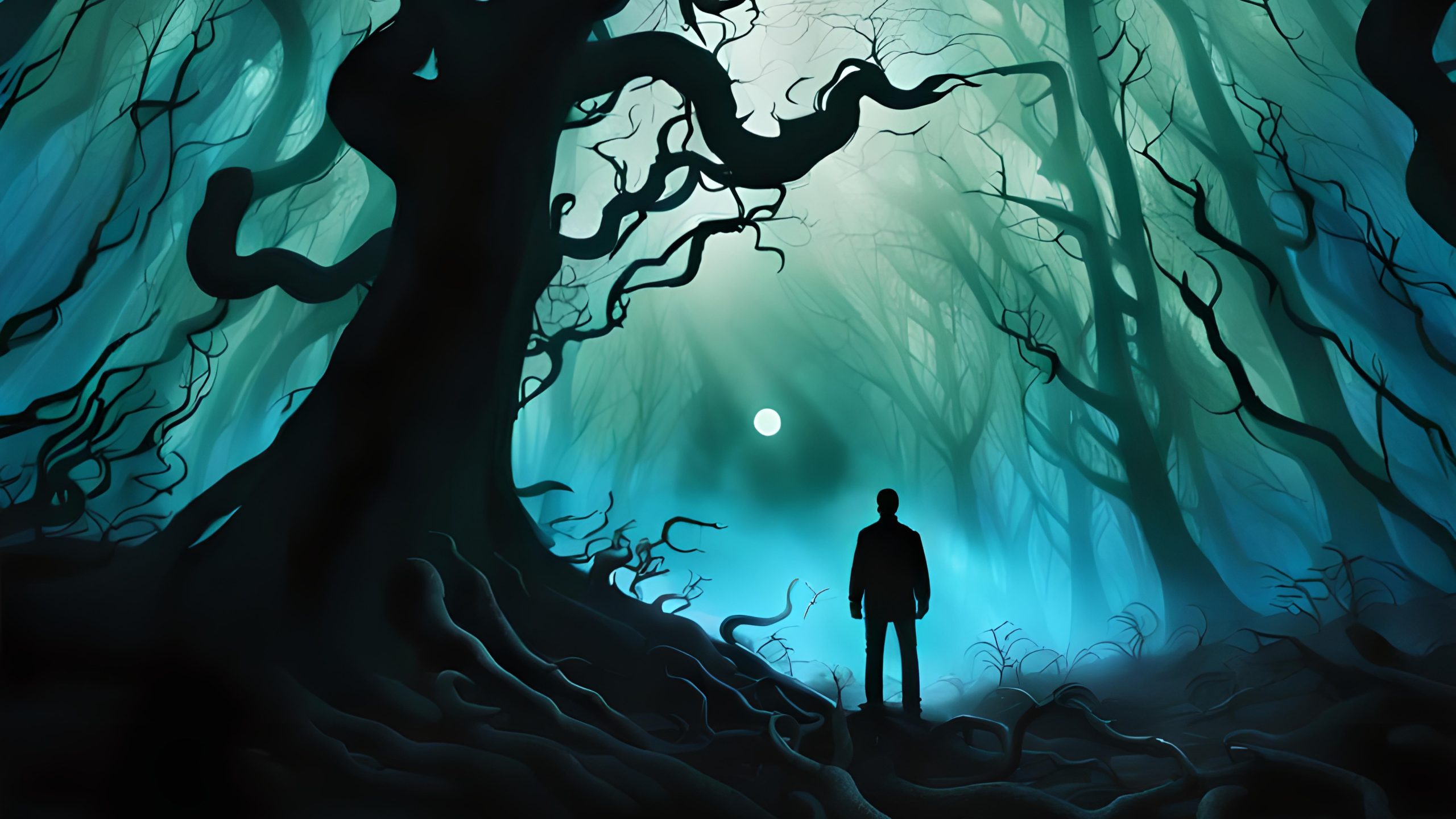 un bosque siniestro de árboles retorcidos entre nieblas con una pequeña luna en el cielo y la silueta de un hombre que la observa, representa Tenebrae el relato de terror interactivo gratis del escritor de suspense y terror psicológico Vicente Silvestre